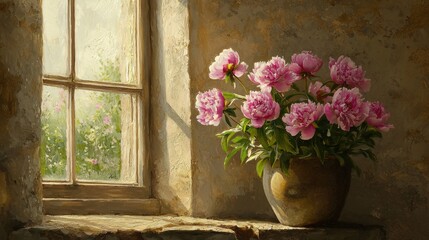 Beautiful bouquet of pink peonies displayed on a windowsill with sunlight illuminating the room and garden view outside