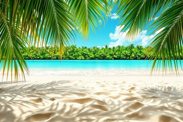 Tropical beach with golden sand, turquoise sea, and lush palm trees under a bright blue sky.