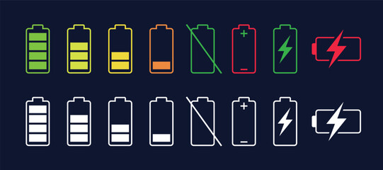 Battery charging icon set. Charge indicator symbols vector illustration