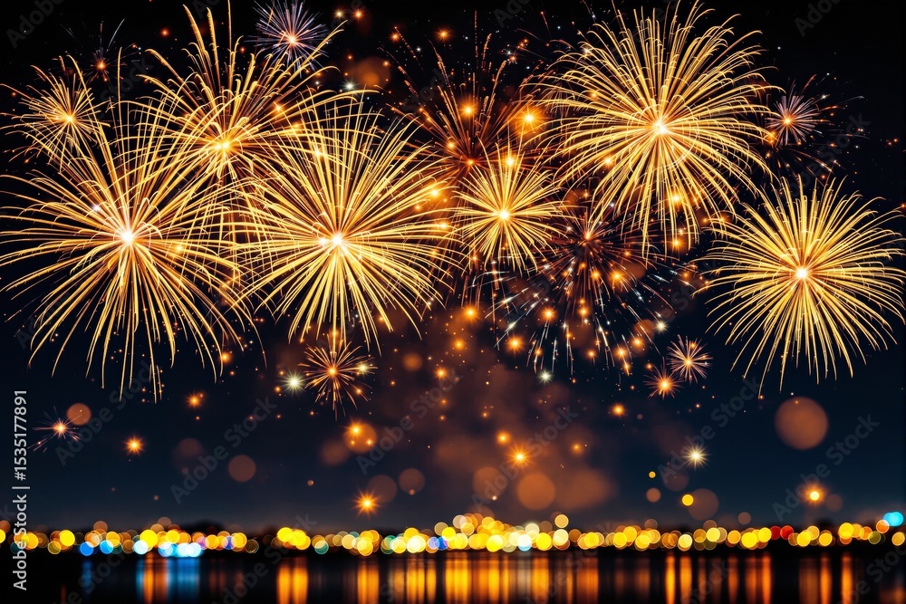 Poster Bright golden fireworks exploding in the night sky over a cityscape with glowing bokeh lights reflecting on water.