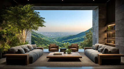 Obraz premium Living room vista: Capture the allure of living room, an open window framing panoramic mountain vista, blurring the lines between interior comfort and outdoor serenity.
