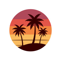 Silhouette Palm Trees Sunset Vector Logo Icon in a Circle