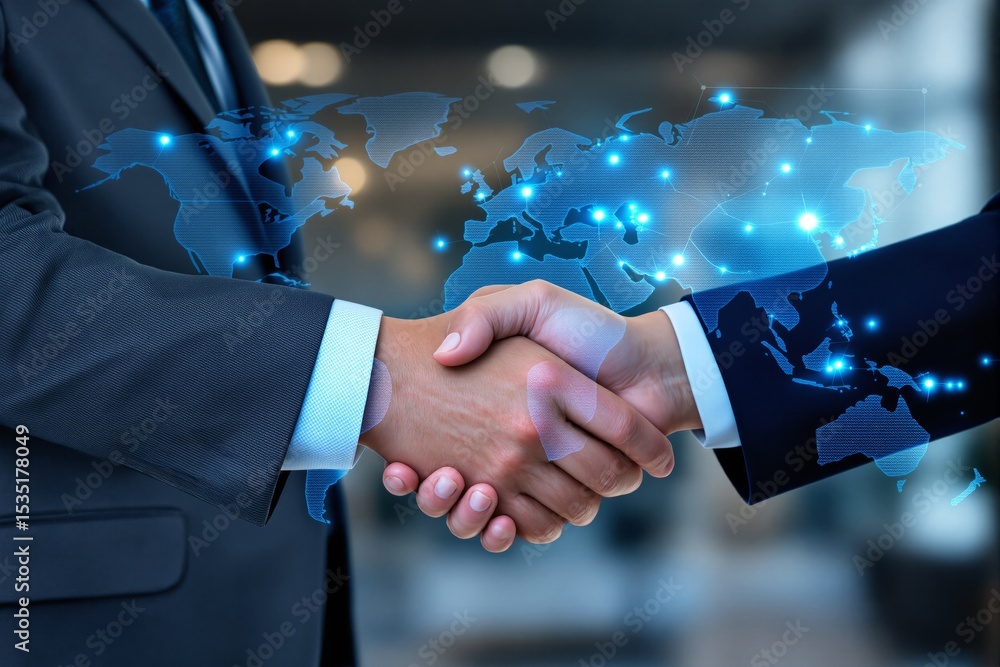 Poster business handshake with digital world map and glowing points.