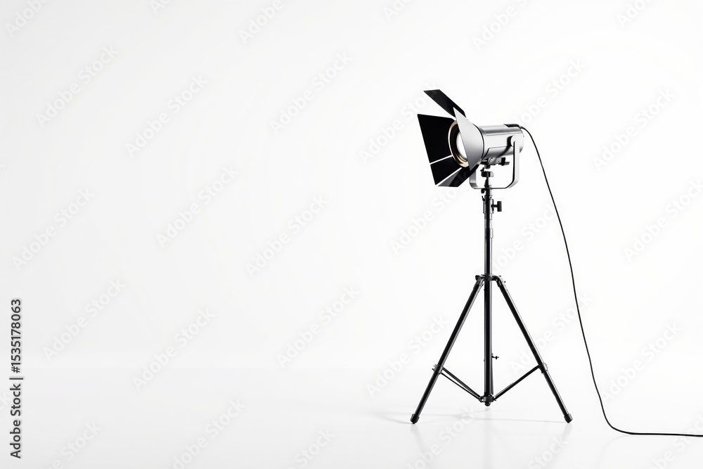 Poster professional studio spotlight on tripod stand in minimal setting.