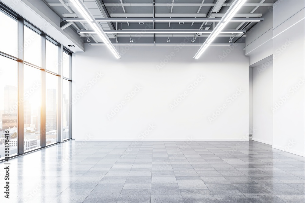 Poster modern empty office space with large windows and white walls.