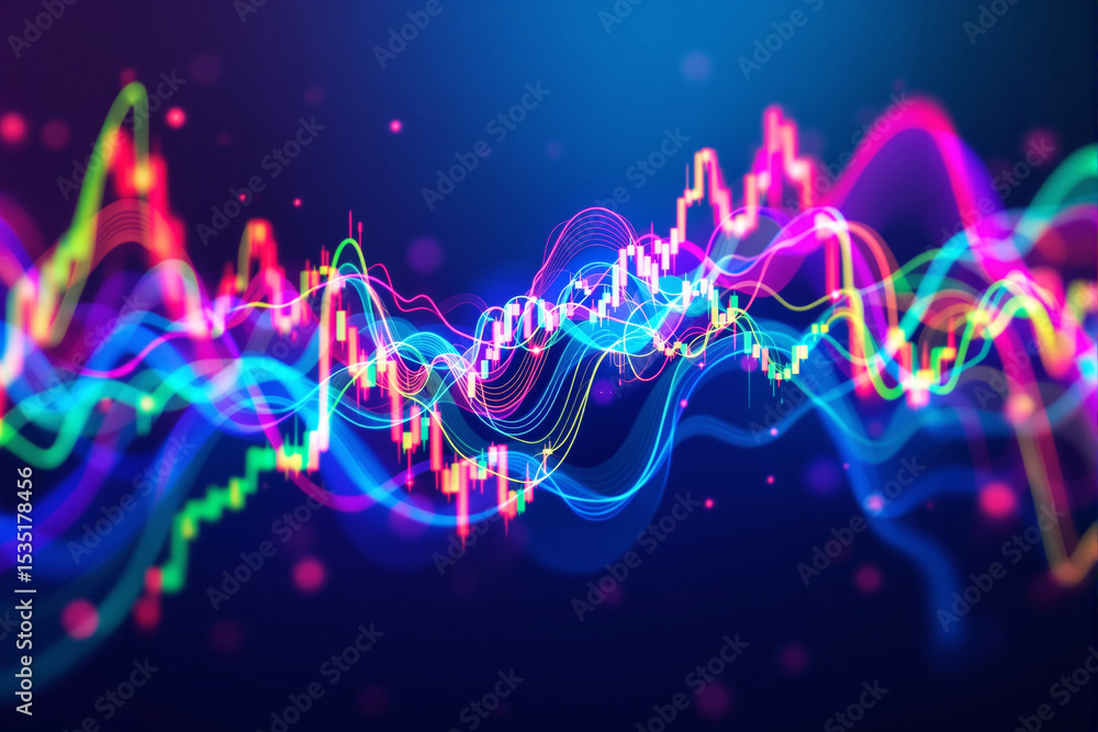 Poster abstract financial chart with glowing colorful lines on dark background.