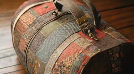 Vintage Fabric Travel Bag with Intricate Patchwork Design and Rustic Charm on Wooden Background