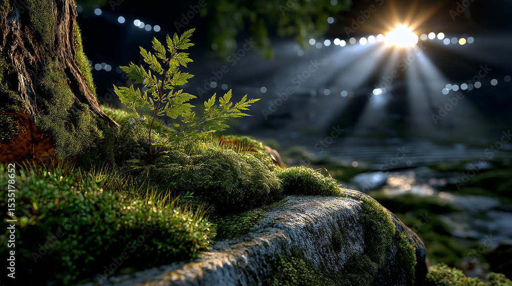 Poster enchanting forest sanctuary: sunlight streams through the lush canopy, illuminating a moss-covered t