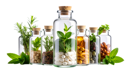 Mixed Capsules and Herbal Supplements in Transparent Glass Bottle on White Background
