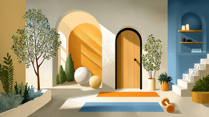 Tranquil Home Entryway: A beautifully designed home entrance, featuring an inviting wooden door, and bright indoor atmosphere. Embracing the warmth of natural light and embracing serenity.