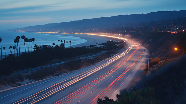 Long-exposure view of a coastal highway at dusk with light trails from moving vehicles