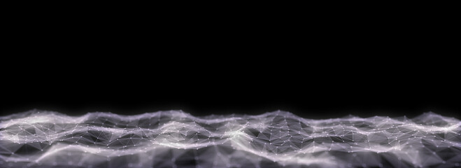 Green wave with motion dots and lines. Abstract digital background. Concept connection big data. Futuristic technology backdrop. 3D rendering.