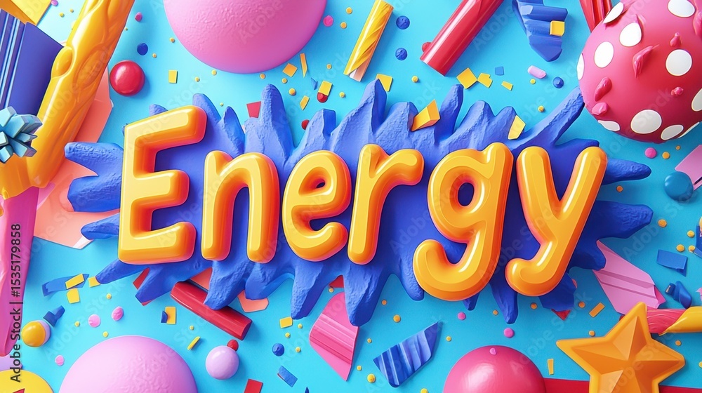 Poster dynamic display featuring colorful elements promoting the concept of energy in a vibrant setting