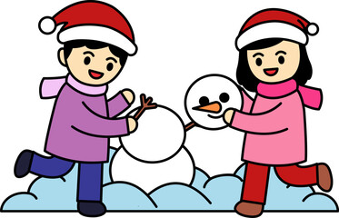 Two children are building a snowman