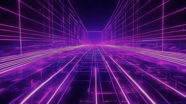 Synthwave grid in deep purple leads toward a vanishing point glow