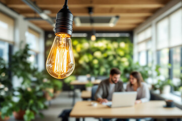 Illuminated vintage light bulb in modern green office space.