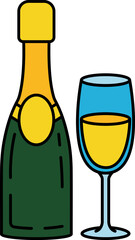 A bottle of champagne and a glass of champagne