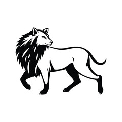 Naklejka premium Striking black and white illustration of a powerful walking lion silhouette