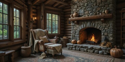 Boho Armchair by Stone Fireplace Forest Cabin Escape