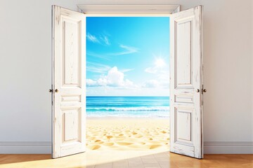 Open white wooden doors revealing a sunny beach with golden sand and blue ocean.
