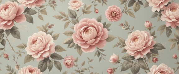  Vintage Floral Wallpaper with Roses Peonies Dusty Rose Sage Palette, Seamless Pattern, Timeless Elegance, Faded Rustic Look