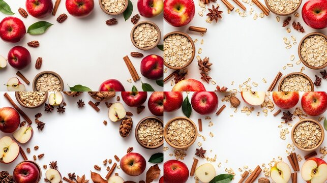 A quadriptych of vibrant red apples, rolled oats, cinnamon sticks, star anise, pecans, and walnuts arranged in a circular frame on a white background, suggesting a fall or autumnal theme