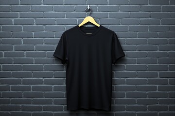Black t-shirt mockup on wooden hanger against dark brick wall.