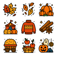 Fall season icons with pumpkins, apples, and a sweater; perfect for autumnthemed designs like cards, invitations, social media posts.