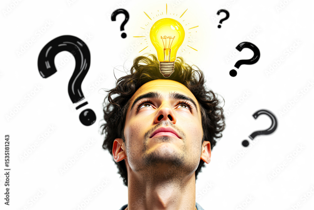 Poster man looking up with a glowing light bulb above his head, surrounded by question marks, symbolizing a