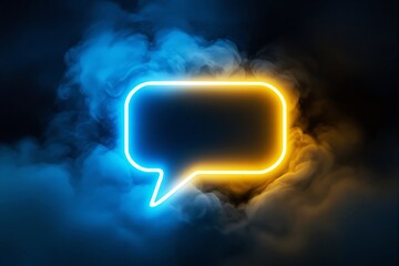 Neon speech bubble with glowing blue and yellow lights on a dark smoky background.