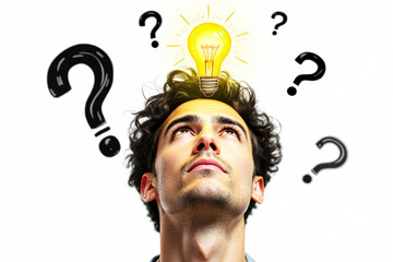 Man looking up with a glowing light bulb above his head, surrounded by question marks, symbolizing an idea or inspiration.
