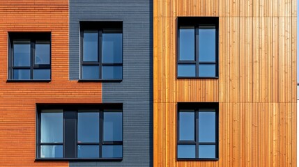 Obraz premium Modern apartment building facade with contrasting wood and dark panels