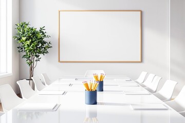Modern office meeting room with blank whiteboard.