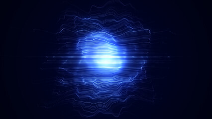 Glowing wave with motion dots and top view. Abstract digital background. Particle explosion. Concept connection big data. Futuristic technology backdrop. 3D rendering.