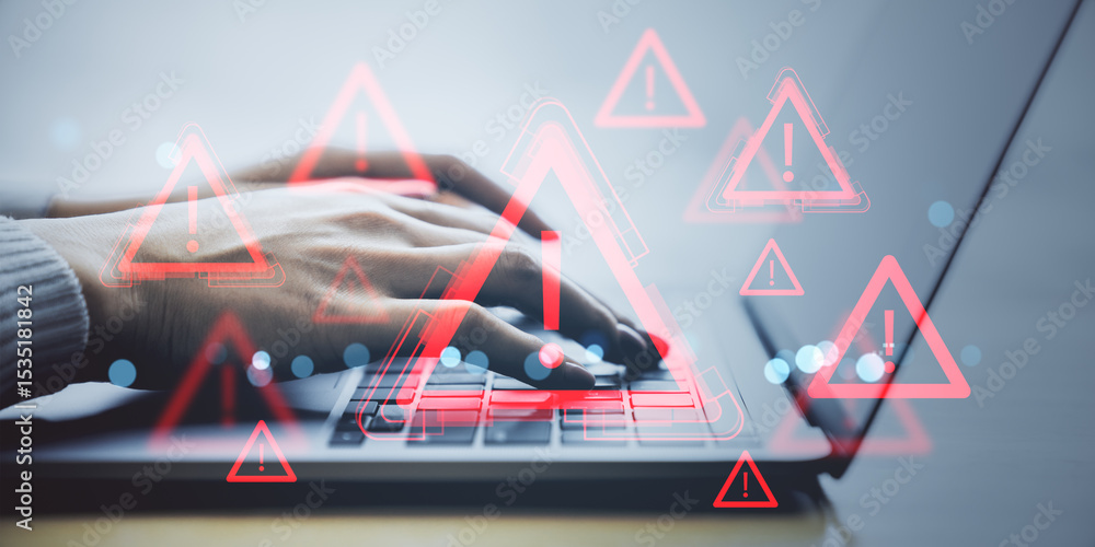 Poster Hands typing on laptop keyboard with red warning icons overlay symbolizing digital alert, online hacking, or data breach in virtual network environment.