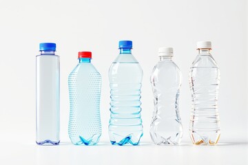 Various plastic water bottles with creative designs on light background.