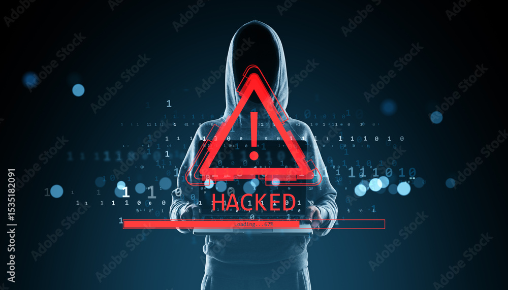 Leinwandbilder Hacker in hoodie with red warning exclamation mark and 