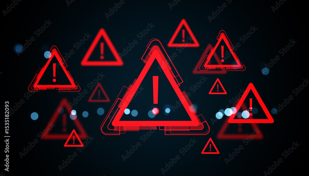Aufkleber Red digital warning signs with exclamation marks floating in a virtual cyber environment on a dark background with glowing particles. 3D Rendering