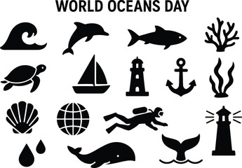 Black silhouette icon set for World Oceans Day.
