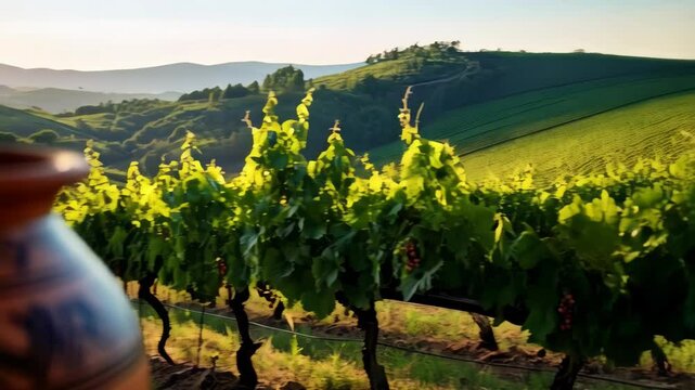 Ceramic pitcher with scenic vineyard landscape featuring rows of grapevines, hills, and a warm sunset glow in a rural countryside setting