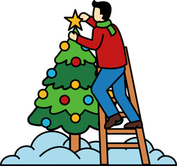 A man is putting a star on a Christmas tree
