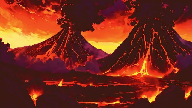 Volcanic landscape with fiery lava flow and orange sky
