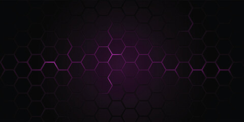 Dark gray and purple horizontal hexagonal technology abstract wide vector background. Purple bright energy flashes under hexagon. Technology futuristic modern wide banner. Dark gray honeycomb texture.