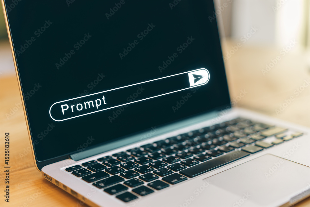 Aufkleber closeup of laptop screen displaying illuminated prompt bar on modern wooden desk in bright office se