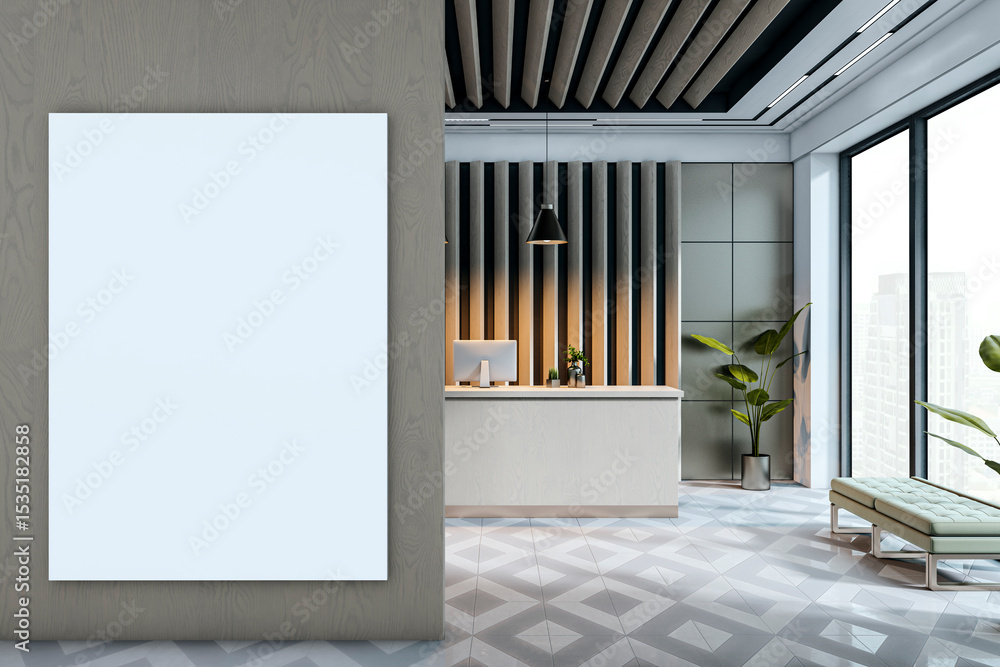 Poster vertical blank canvas mockup on wooden wall in modern luxury office reception with minimalist interi