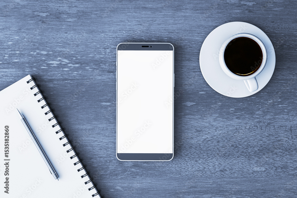 Aufkleber smartphone with blank screen on wooden desk next to notebook, pen, and coffee cup, top view for app 