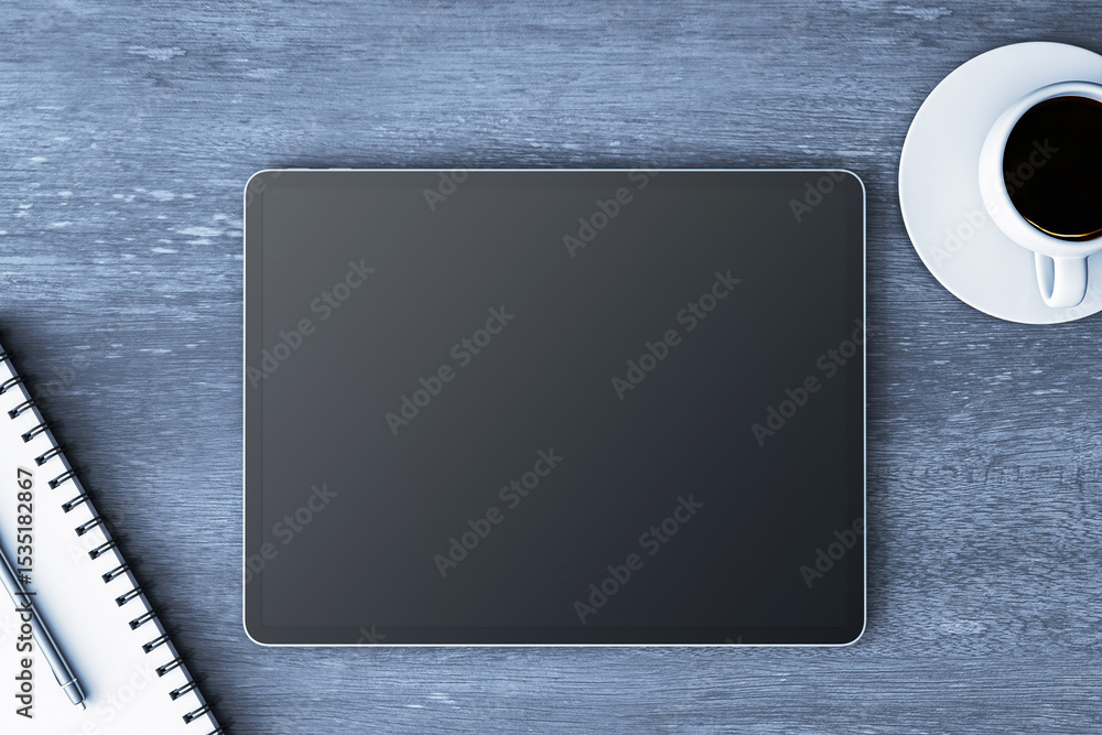 Poster Digital tablet mockup with coffee cup and notebook on wooden desk from top view in office workspace setting for branding or design presentation. 3D Rendering