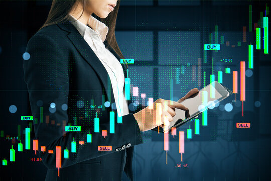 Businesswoman using tablet with forex trading graph and financial analysis interface overlay on dark background, symbolizing online market monitoring. - Powered by Adobe