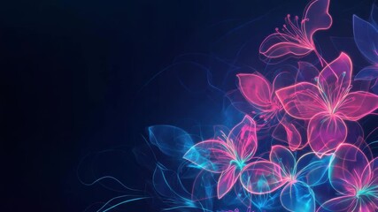 Abstract floral video background with glowing neon outlines of flowers on a deep navy background. Electric pinks and blues create a futuristic, ethereal feel. - Powered by Adobe