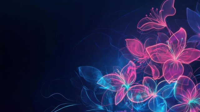 Abstract floral video background with glowing neon outlines of flowers on a deep navy background. Electric pinks and blues create a futuristic, ethereal feel.